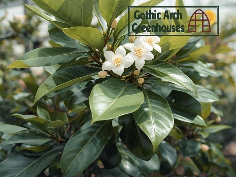 Camellia sinensis tea plant with glossy green leaves and small white flowers inside a greenhouse
