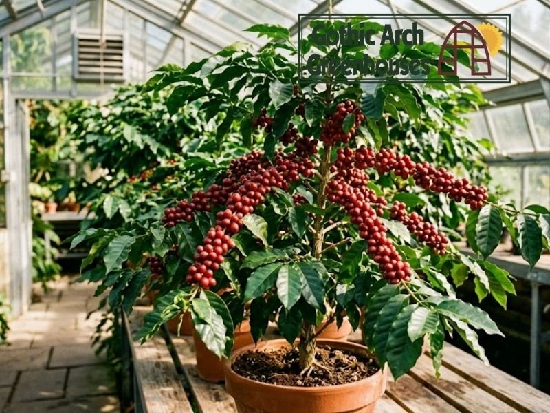 Ripe red coffee cherries growing on a coffee plant inside a sunlit greenhouse, ready for harvest