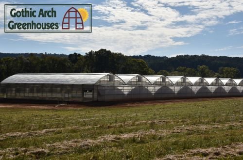 Commercial greenhouse with arched roof design and rigid wall panels