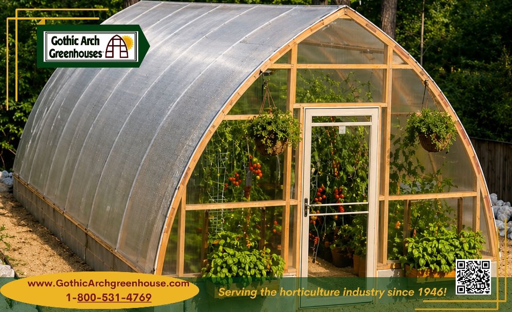 A bright Gothic Arch greenhouse filled with tomato and basil plants, open vent windows, and shade cloth ready for summer