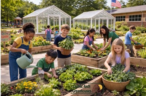 Modern greenhouse placed in a schoolyard near accessible pathways and raised garden beds