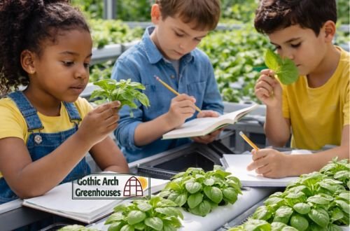 Students examining plant leaves and taking notes during a greenhouse learning activity