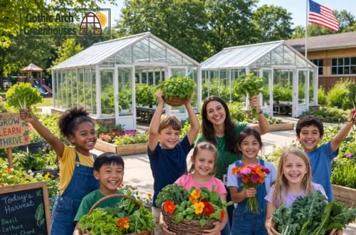 Students celebrating a harvest with baskets of greens and flowers from their school greenhouse